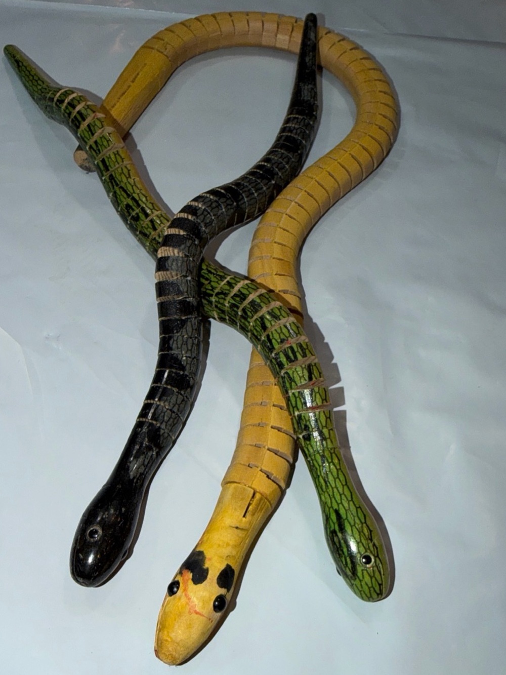 3 Wooden Jointed Wiggle Snakes, 19” Yellow Black, 11”green, 11” Black Greenbrier